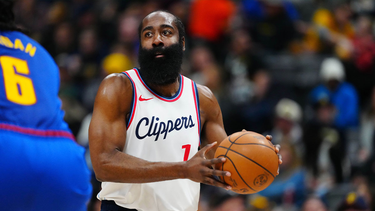 LA Clippers guard James Harden (1) controls the ball in the first quarter against the Denver Nuggets at Ball Arena.