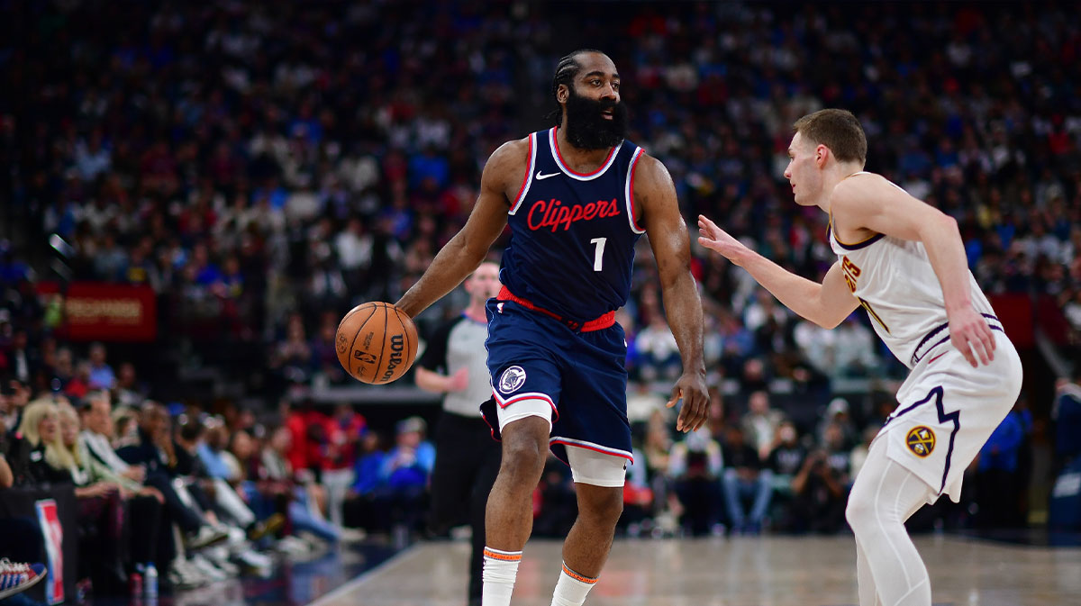 Los Angeles Clippers guard James Harden (1) controls the ball against Denver Nuggets guard Christian Braun (0) during the second half of game three in the first round for the 2024 NBA Playoffs at Intuit Dome.