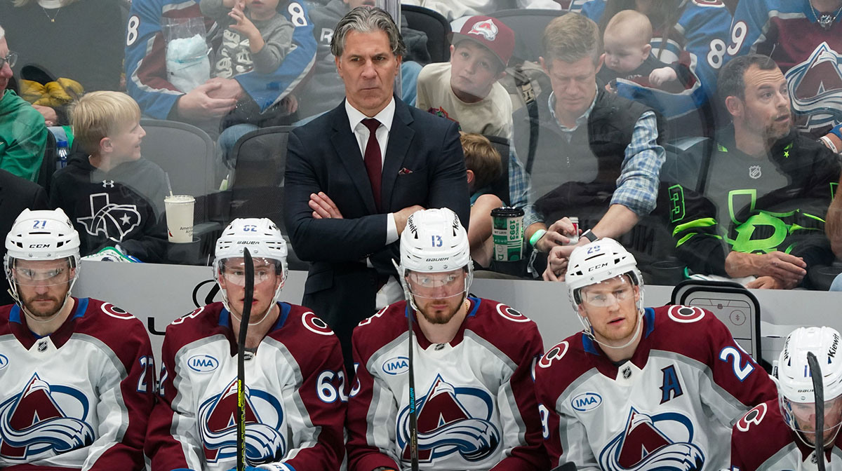 Colorado Avalanche head coach Jared Bednar looks on from the bench during the second period in game one of the first round of the 2025 Stanley Cup Playoffs against the Dallas Stars at American Airlines Center.