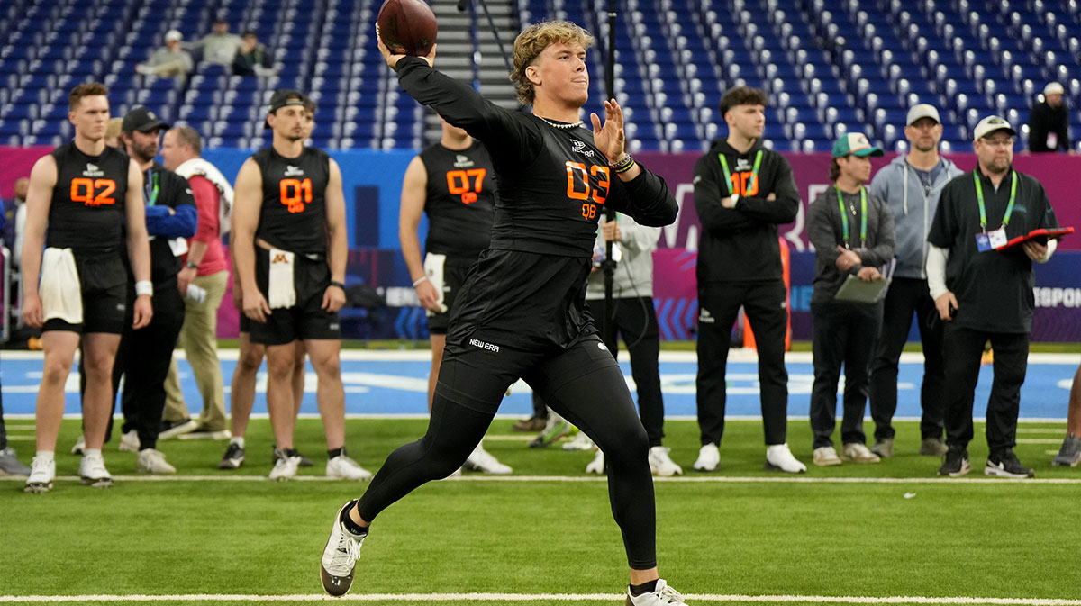 Ole Miss quarterback Jaxson Dart (QB03) during the 2025 NFL Combine at Lucas Oil Stadium.