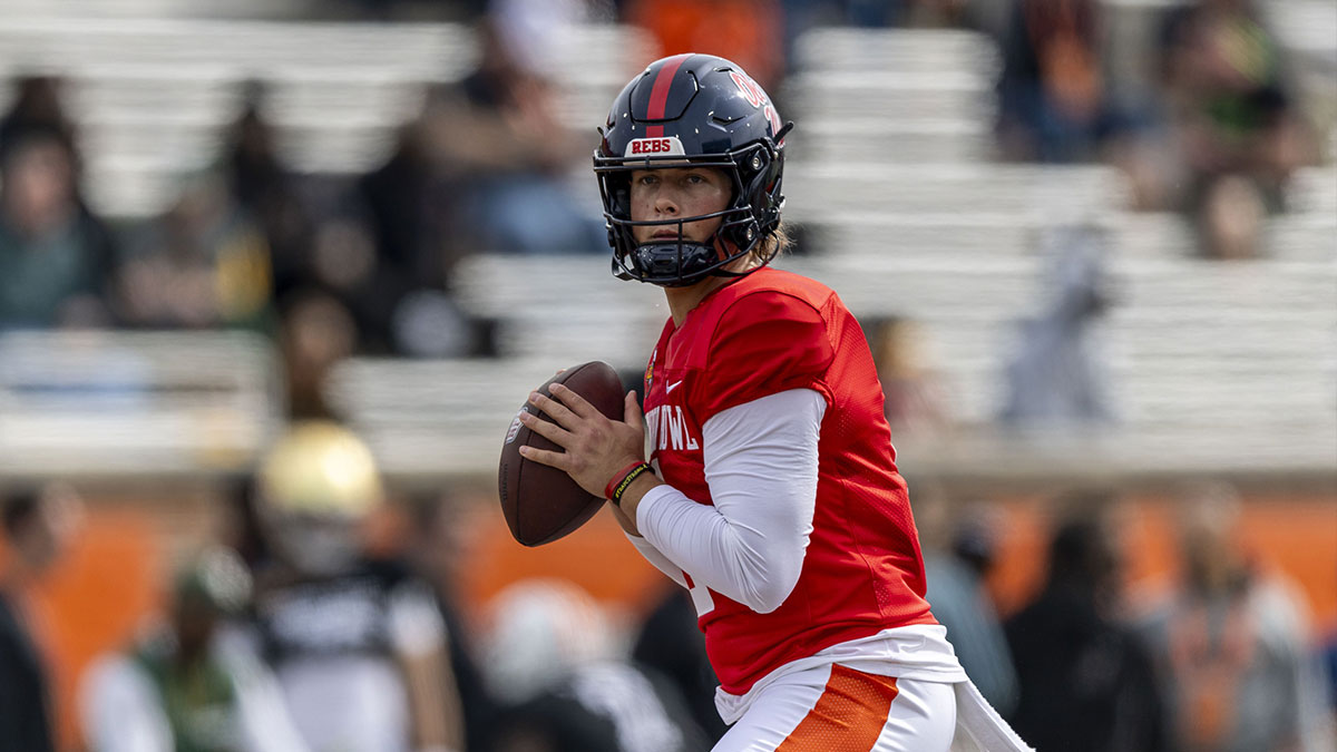American team quarterback Jaxson Dart of Ole Miss (2) looks to throw during Senior Bowl practice for the American team at Hancock Whitney Stadium.