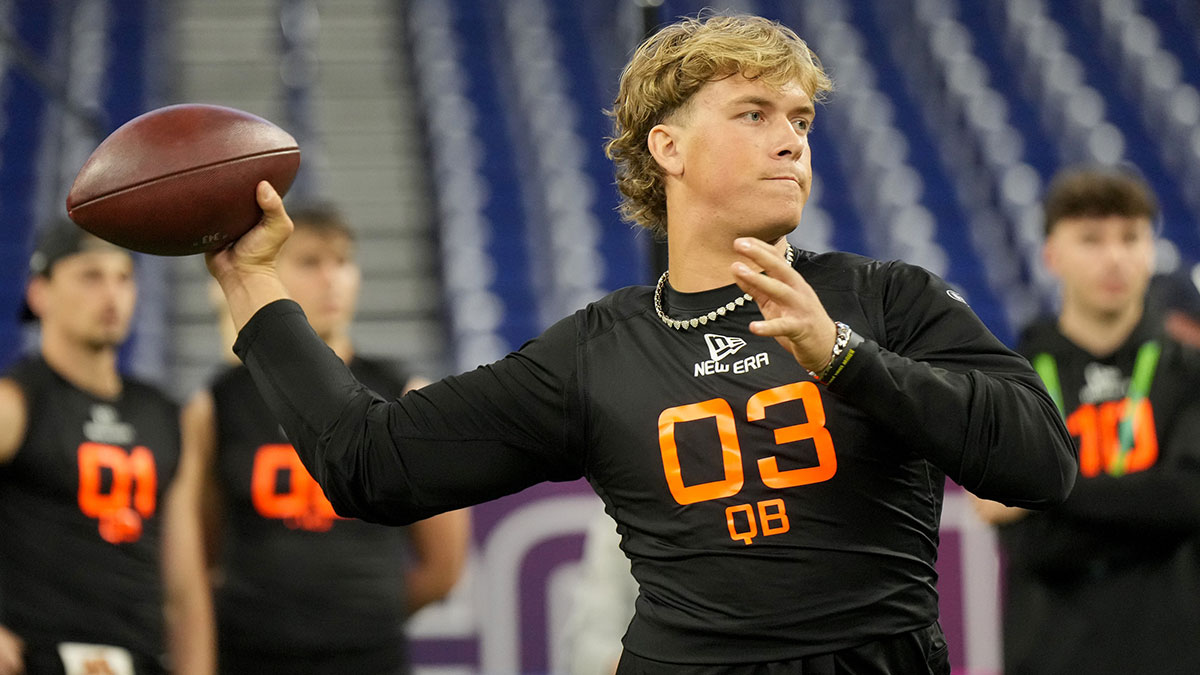 Mississippi quarterback Jaxson Dart (QB03) during the 2025 NFL Combine at Lucas Oil Stadium.
