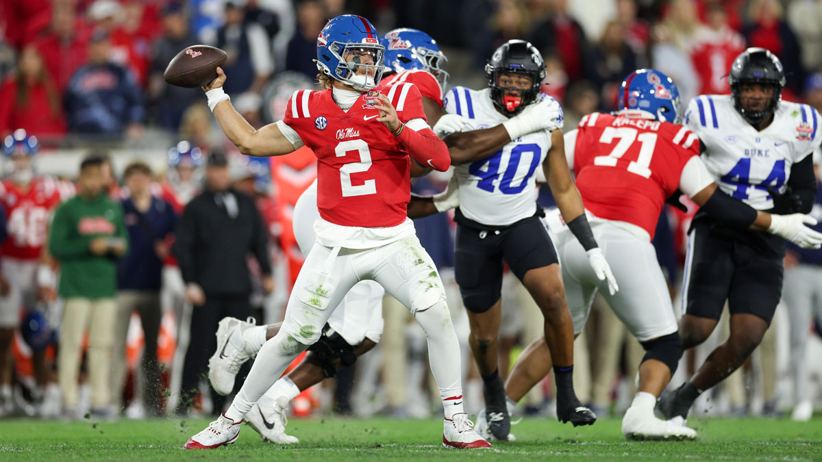 Mississippi Rebels quarterback Jaxson Dart (2) reacts after the game against the Mississippi State Bulldogs at Vaught-Hemingway Stadium.