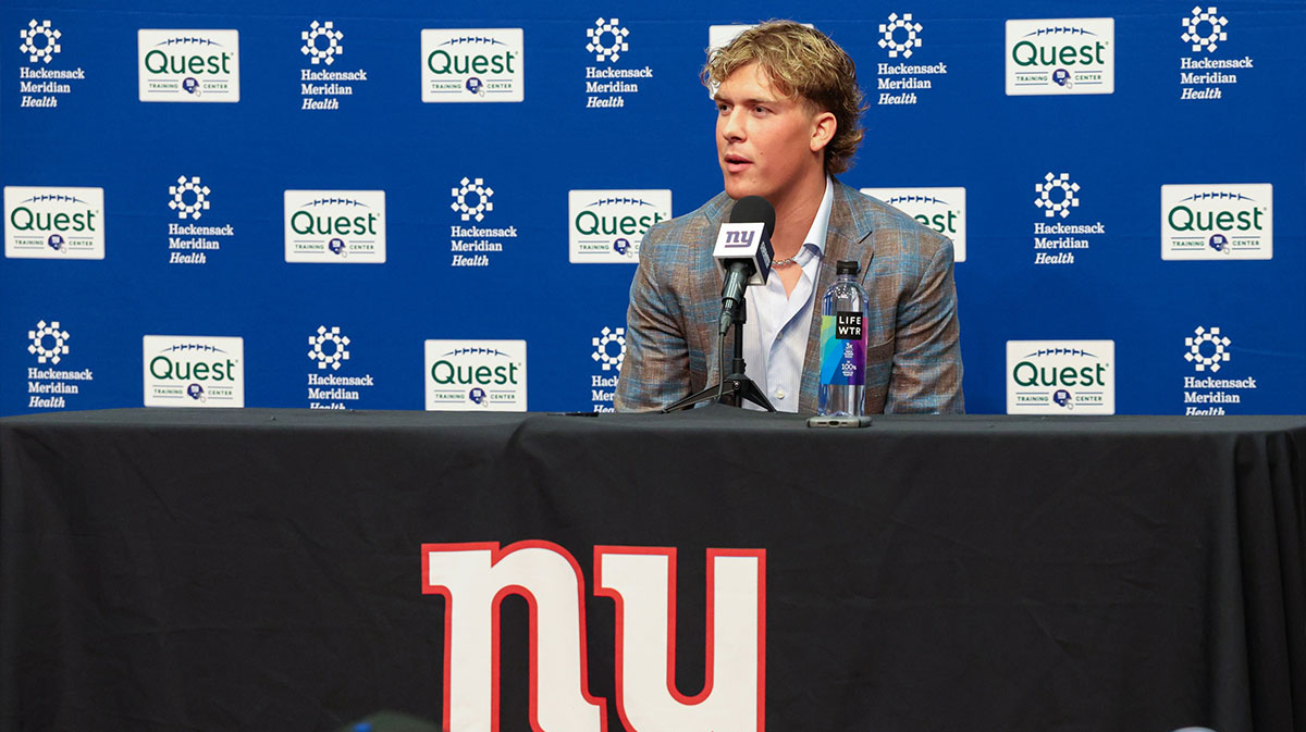 New York Giants first round draft pick, Jaxson Dart, takes questions from the media during his introduction press conference. New York Giants.