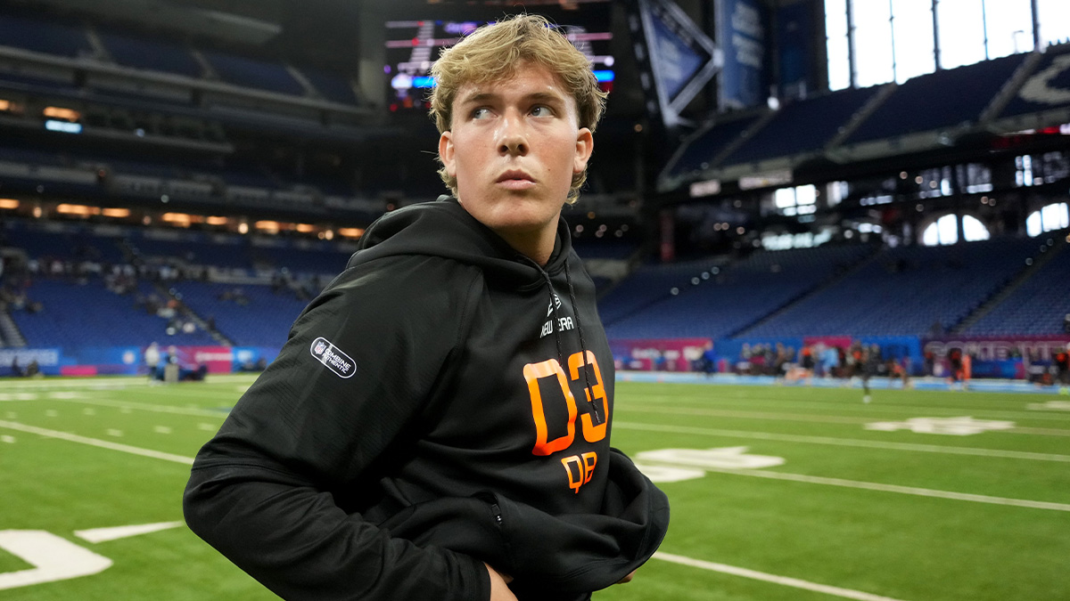 Mississippi quarterback Jaxson Dart (QB03) during the 2025 NFL Combine at Lucas Oil Stadium.