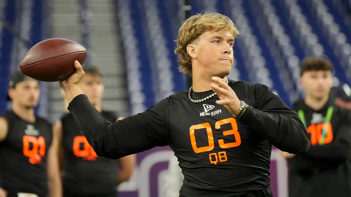 Mar 1, 2025; Indianapolis, IN, USA; Mississippi quarterback Jaxson Dart (QB03) during the 2025 NFL Combine at Lucas Oil Stadium.