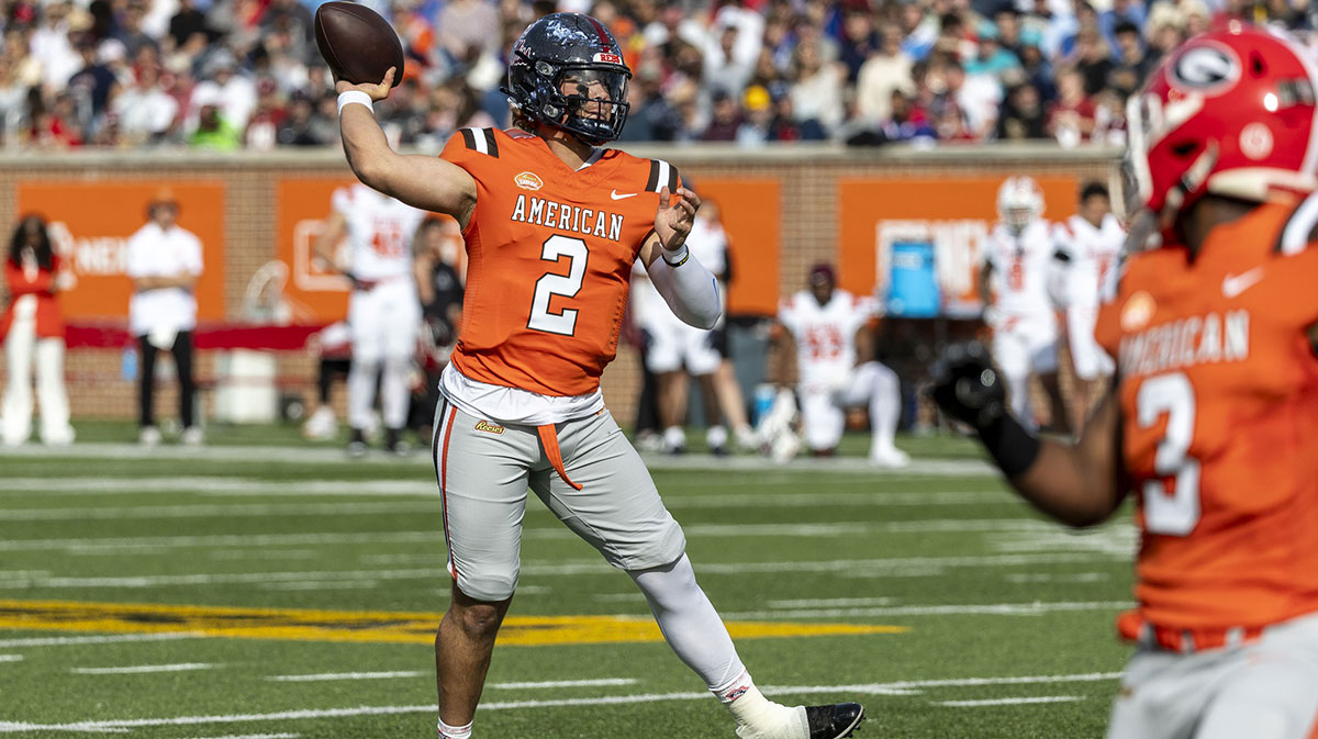 American team quarterback Jaxson Dart of Ole Miss (2) during the first half of the 2025 Senior Bowl football game against the National team at Hancock Whitney Stadium.