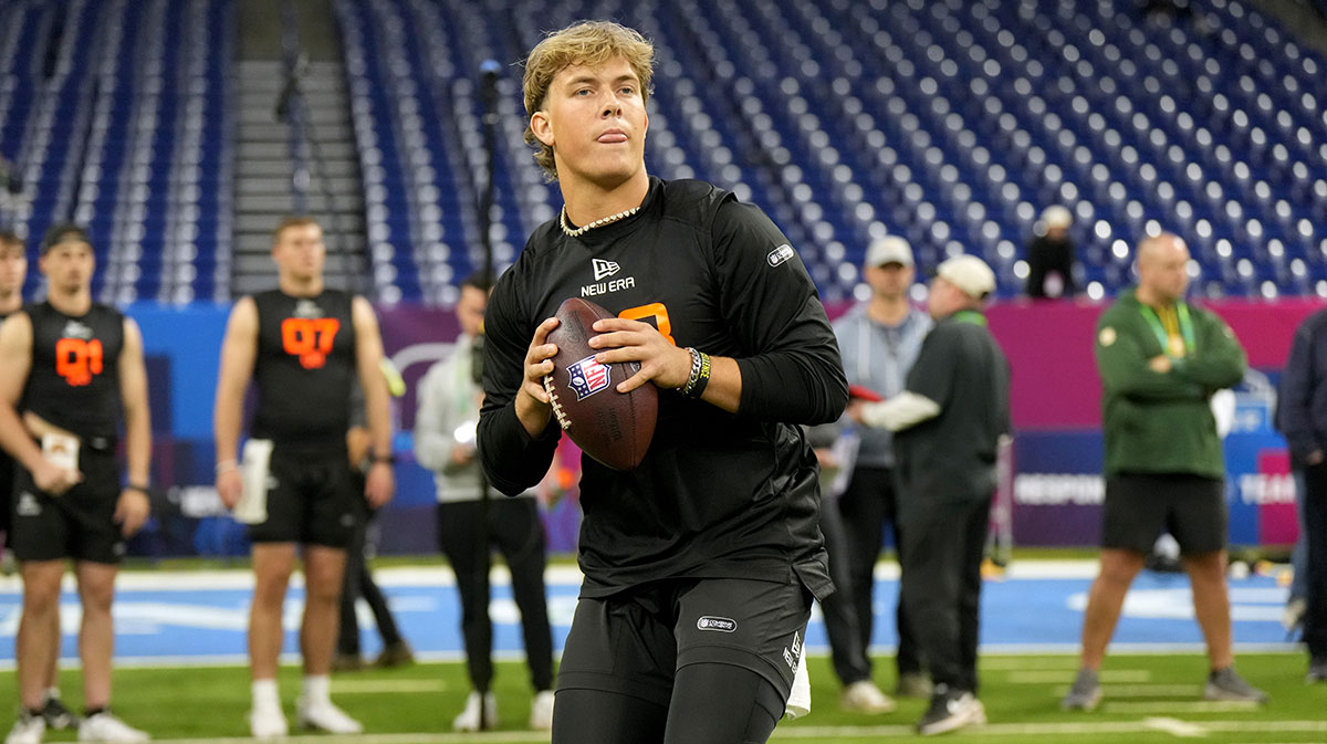 Mississippi quarterback Jaxson Dart (QB03) during the 2025 NFL Combine at Lucas Oil Stadium.