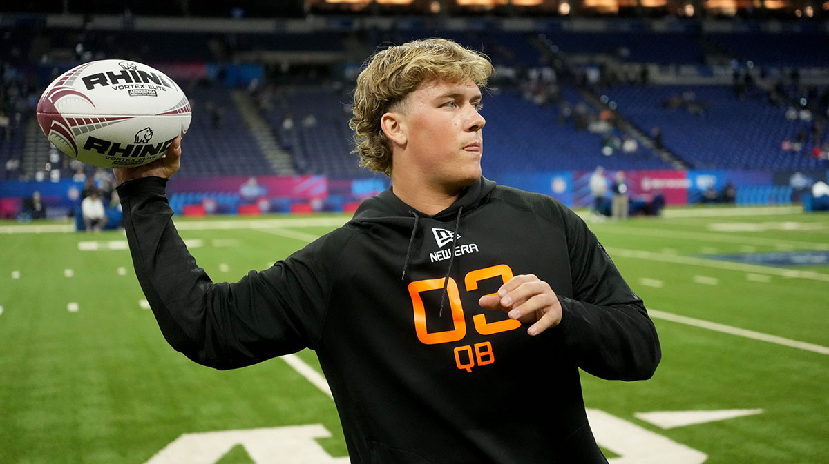 Mississippi quarterback Jaxson Dart (QB03) during the 2025 NFL Combine at Lucas Oil Stadium.