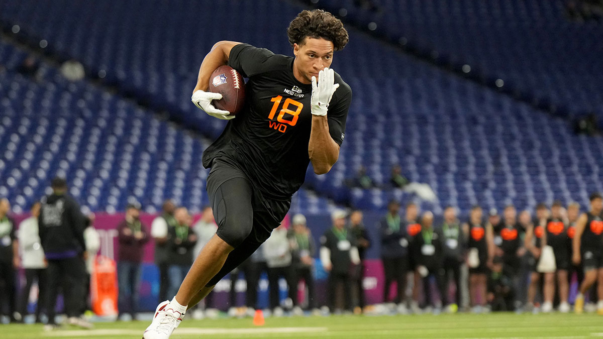 Iowa State wideout Jayden Higgins (WO18) during the 2025 NFL Combine at Lucas Oil Stadium.
