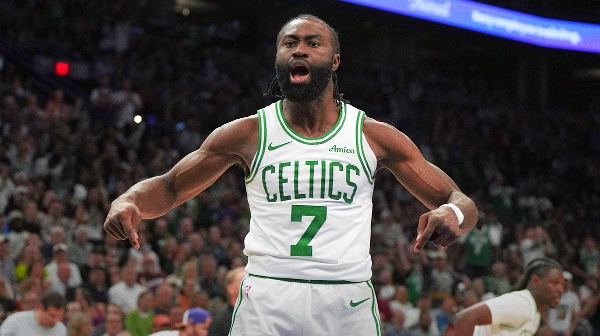 Boston Celtics guard Jaylen Brown (7) reacts after scoring against the Phoenix Suns during the second half at Footprint Center.