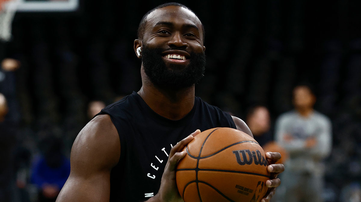 Boston Celtics guard Jaylen Brown (7) smiles while warming up