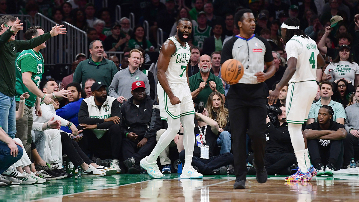 Boston Celtics guard Jaylen Brown (7) reads after being called for a foul during the second half against the Orlando Magic at TD Garden.
