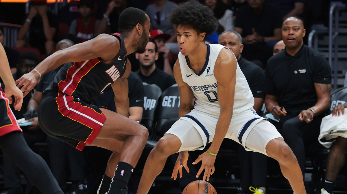 Memphis Grizzlies forward Jaylen Wells (0) dribbles the basketball as Miami Heat guard Alec Burks (18) defends during the first quarter at Kaseya Center.