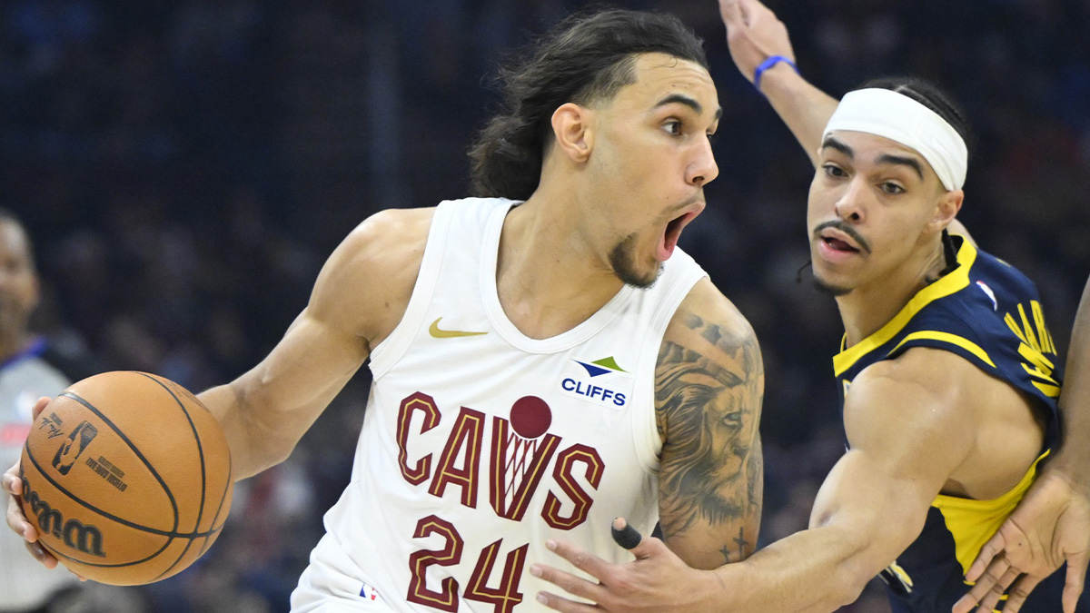 Cleveland Cavaliers forward Jaylon Tyson (24) dribbles beside Indiana Pacers guard Andrew Nembhard (2) in the first quarter at Rocket Arena.