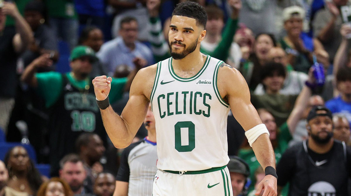 Boston Celtics forward Jayson Tatum (0) reacts after beating the Orlando Magic in game four of first round for the 2025 NBA Playoffs at Kia Center.