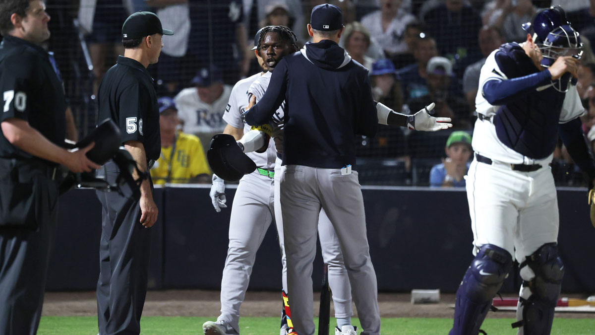 New York Yankees second base Jazz Chisholm Jr. (13) is ejected after he arguing his strike out during the seventh inning against the Tampa Bay Rays at George M. Steinbrenner Field.