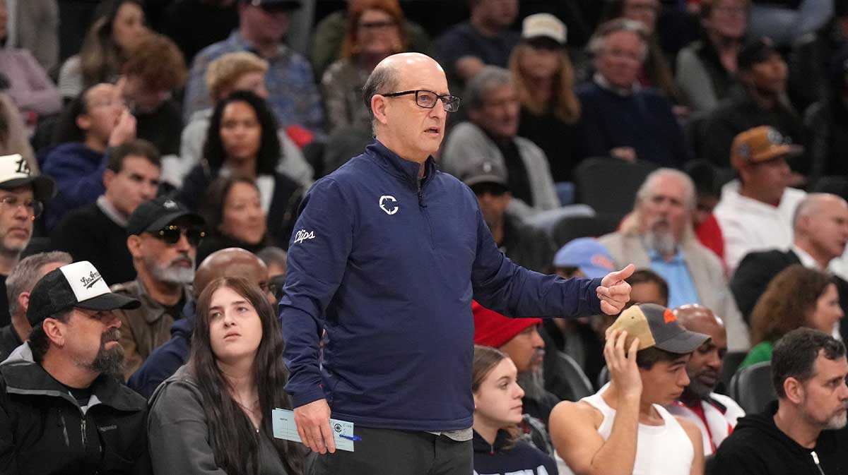 Feb 12, 2025; Inglewood, California, USA; LA Clippers assistant coach Jeff Van Gundy reacts against the Memphis Grizzlies in the second half at Intuit Dome. Mandatory Credit: Kirby Lee-Imagn Images