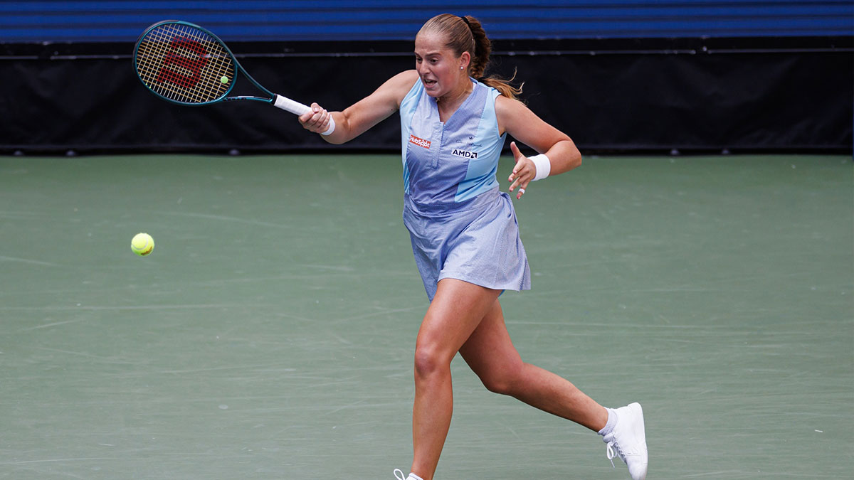 Jelena Ostapenko of Latvia in action against Naomi Osaka of Japan in the first round of the women’s singles in the US Open at the USTA Billie Jean King Tennis Center.