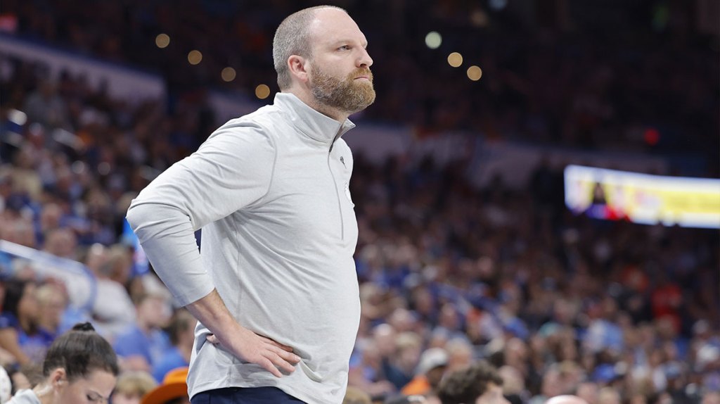 Memphis Grizzlies head coach Taylor Jenkins watches his team play against the Oklahoma City Thunder during the second half at Paycom Center.