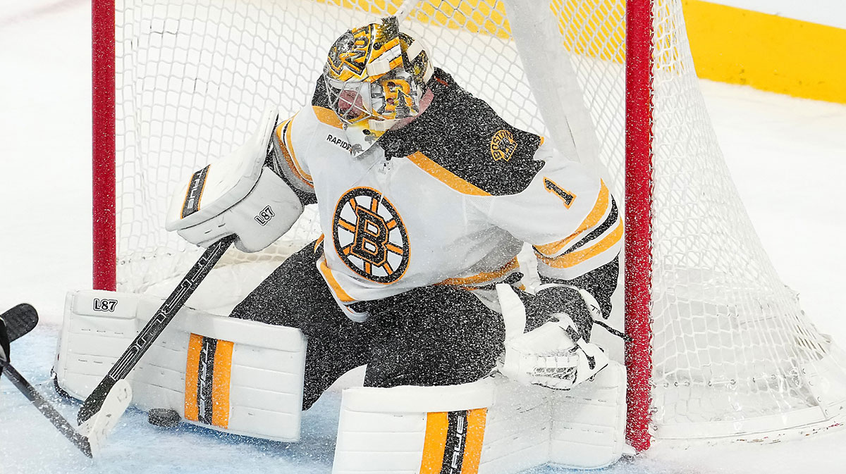 Boston Bruins goaltender Jeremy Swayman (1) makes a save against the Vegas Golden Knights during the third period at T-Mobile Arena.