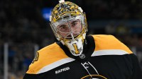 Boston Bruins goaltender Jeremy Swayman (1) during a break in the second period against the Tampa Bay Lightning at TD Garden.