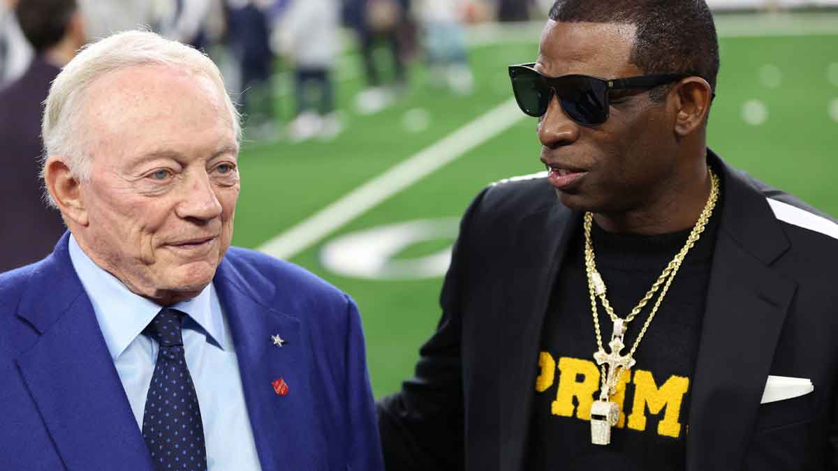 Colorado Buffaloes head coach Deion Sanders (right) talks with Dallas Cowboys owner Jerry Jones before the game against the Seattle Seahawks at AT&T Stadium.