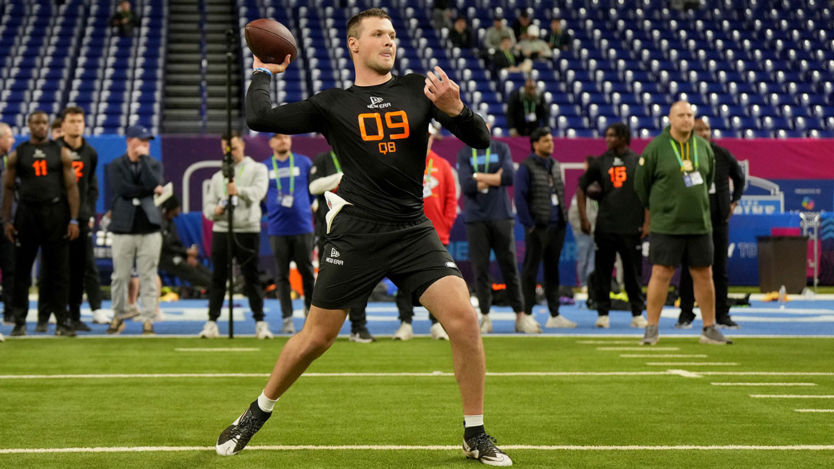Mar 1, 2025; Indianapolis, IN, USA; Syracuse quarterback Kyle McCord (QB09) during the 2025 NFL Combine at Lucas Oil Stadium. Mandatory Credit: Kirby Lee-Imagn Images