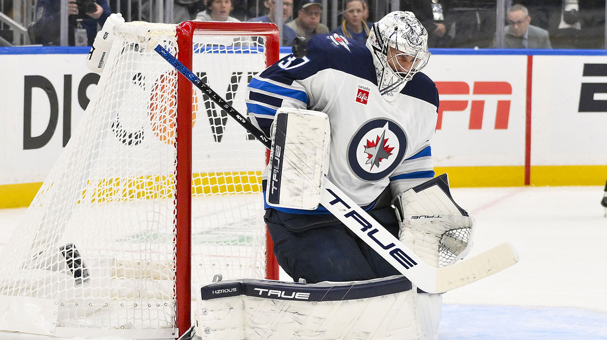 Winnipeg Jets goaltender Connor Hellebuyck (37) defends the net against the St. Louis Blues during the second period in game three of the first round of the 2025 Stanley Cup Playoffs at Enterprise Center.