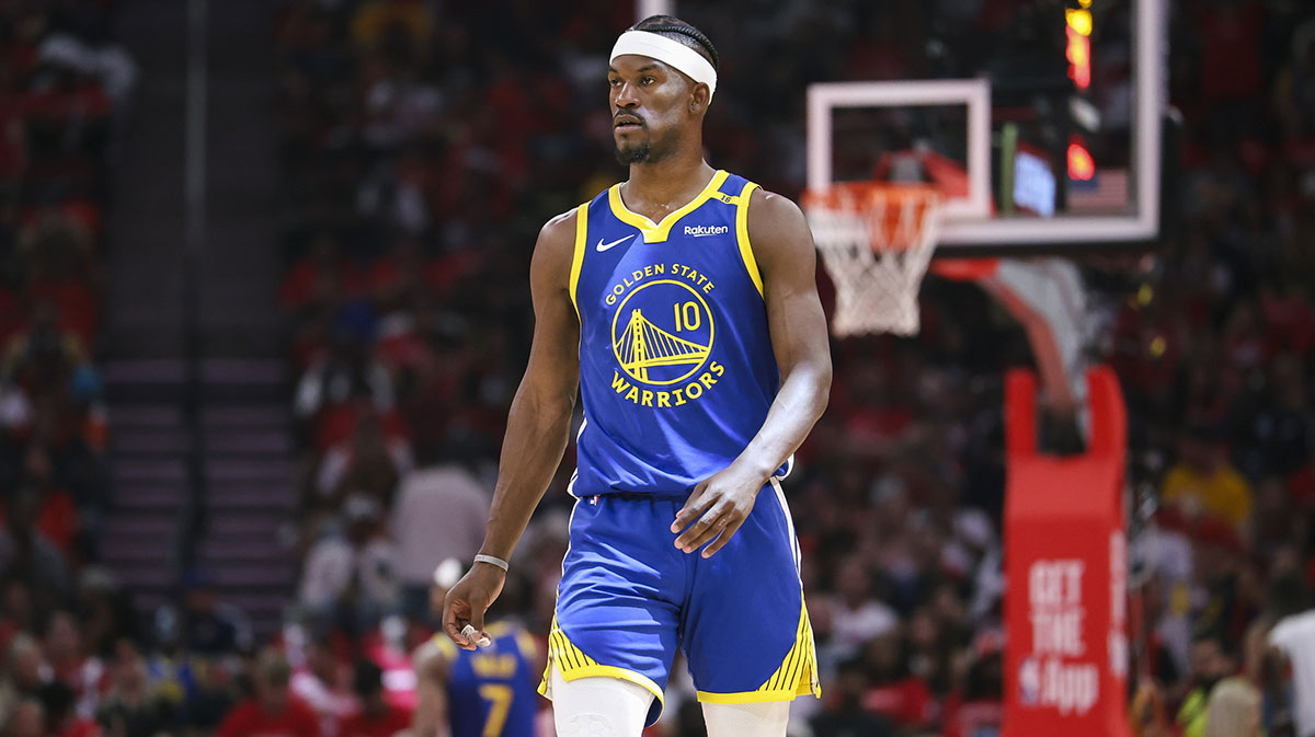 Golden State Warriors forward Jimmy Butler III (10) walks on the court during the second quarter against the Houston Rockets at Toyota Center.