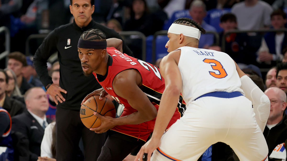 Miami Heat head coach Erik Spoelstra watches as Heat forward Jimmy Butler (22) controls the ball against New York Knicks guard Josh Hart (3) during the first quarter of game one of the 2023 NBA Eastern Conference semifinal playoffs at Madison Square Garden.