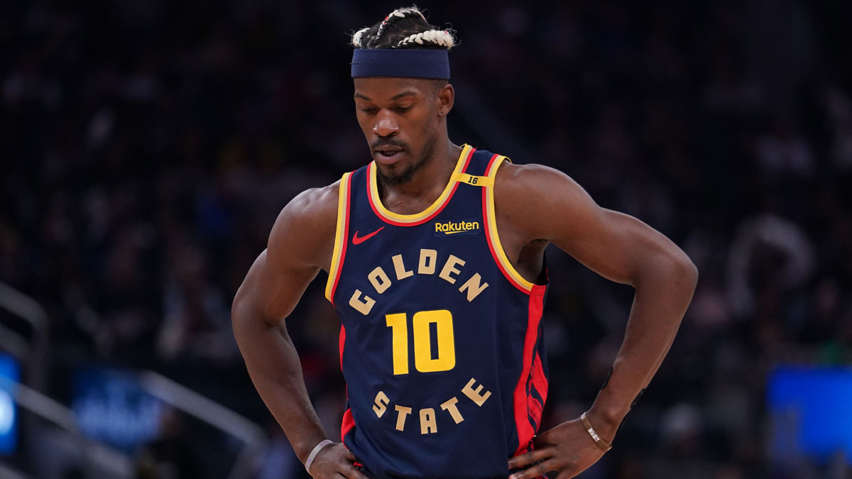 Golden State Warriors forward Jimmy Butler III (10) takes a breather against the Denver Nuggets in the third period at Chase Center.