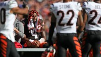 Cleveland Browns quarterback Deshaun Watson is carted off the field after suffering an injury during the first half of an NFL football game against the Cincinnati Bengals at Huntington Bank Field, Sunday, Oct. 20, 2024, in Cleveland, Ohio.