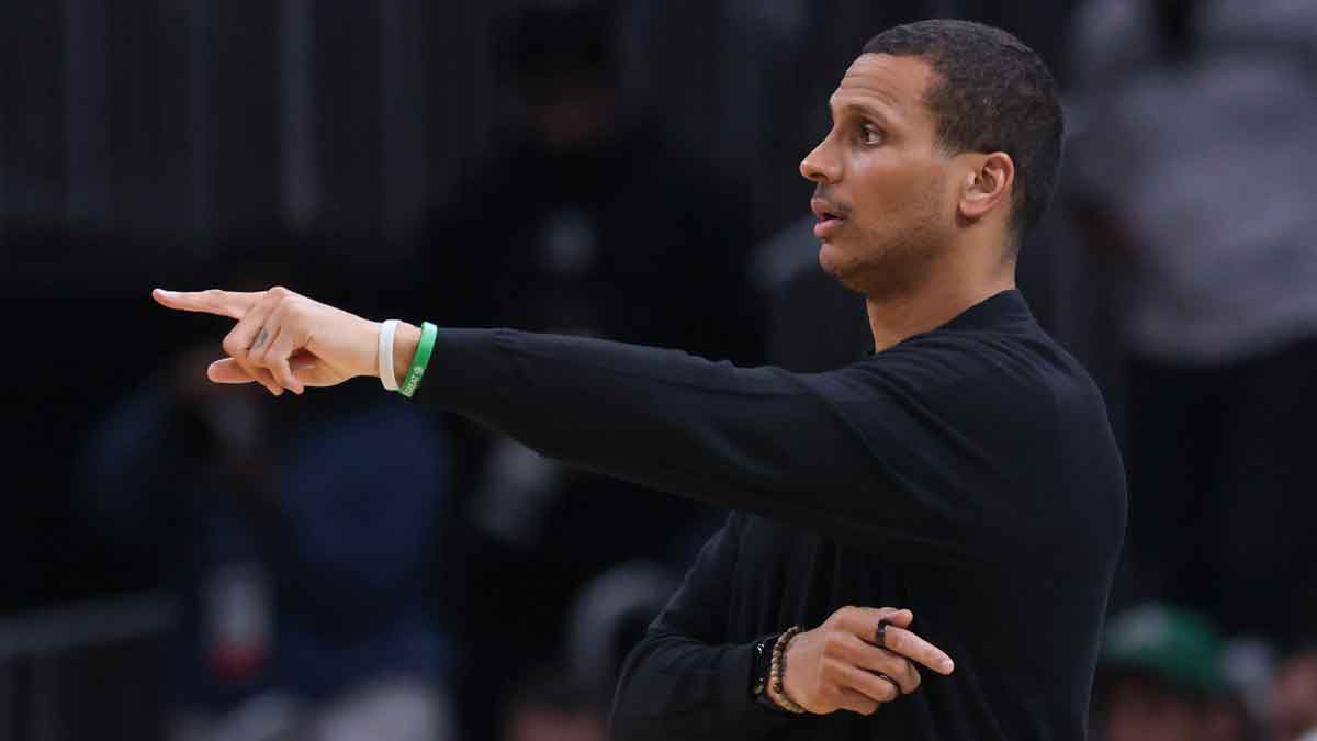 Boston Celtics head coach Joe Mazzulla reacts during the first half against the Charlotte Hornets at TD Garden.