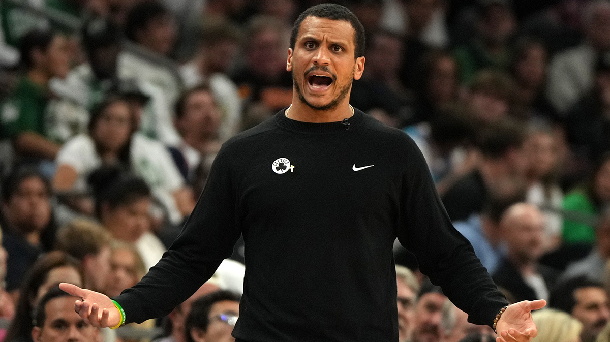 Boston Celtics head coach Joe Mazzulla reacts against the Phoenix Suns during the second half at Footprint Center.