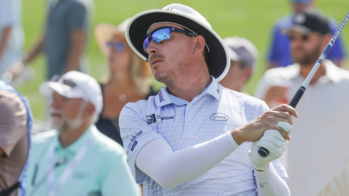 Joel Dahmen plays his shot from the ninth tee during the third round of the Cognizant Classic in The Palm Beaches golf tournament PGA Tour