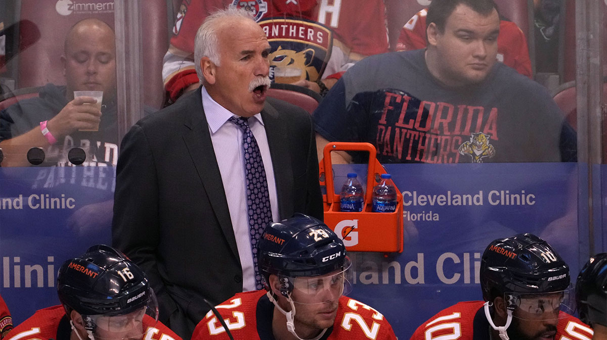 Florida Panthers head coach Joel Quenneville reacts during the first period against the Boston Bruins at FLA Live Arena.