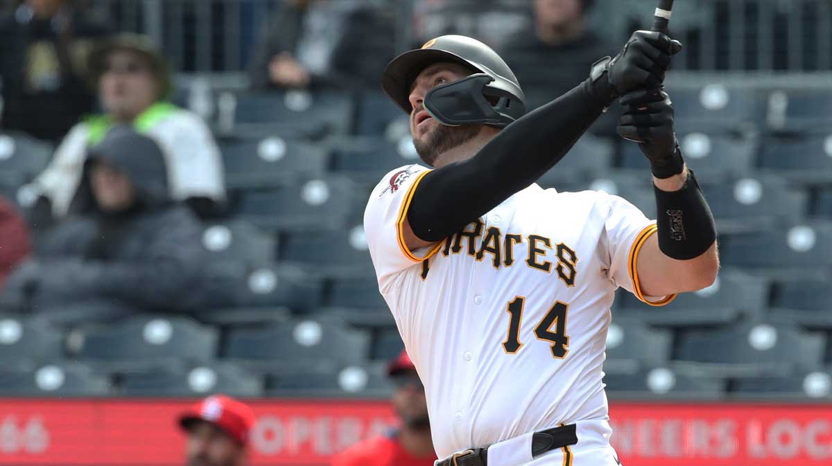 Pittsburgh Pirates catcher Joey Bart (14) hits a game winning walk off single to defeat the St. Louis Cardinals in the thirteenth inning at PNC Park.