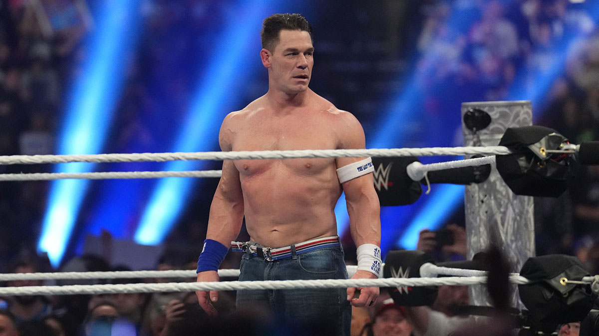 John Cena during the Men’s Royal Rumble match during the WWE Royal Rumble at Lucas Oil Stadium.