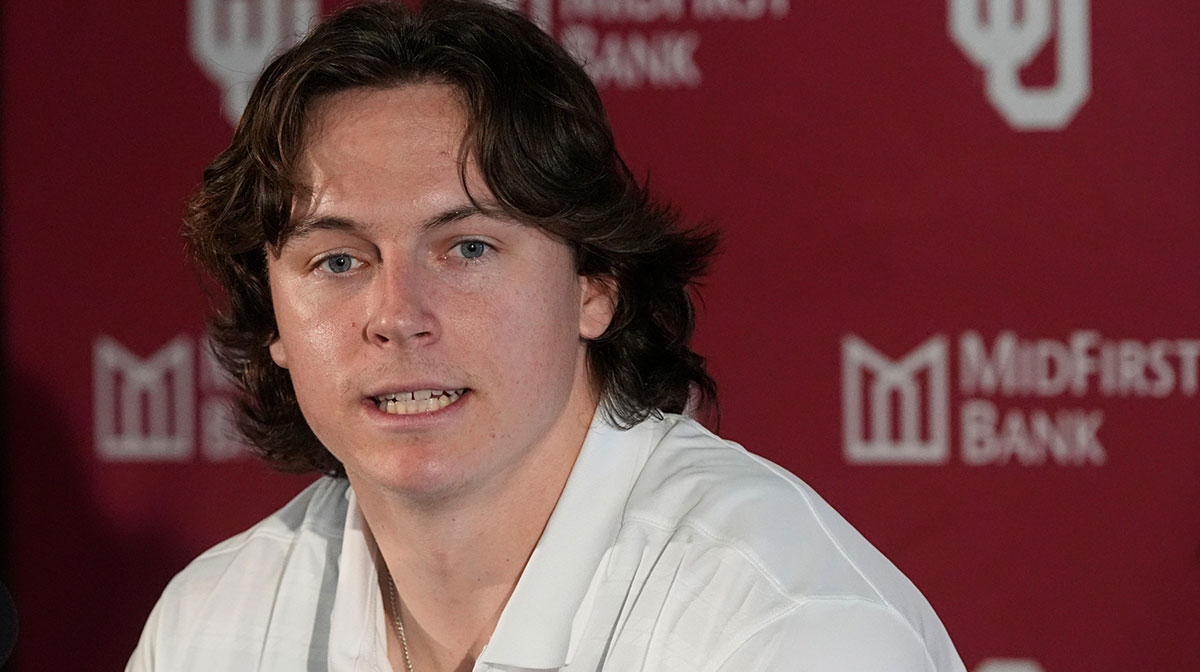 Oklahoma quaterback John Mateer speaks to the media during the University of Oklahoma Sooners football spring press conference in Norman, Okla., Wednesday, March, 5, 2025.