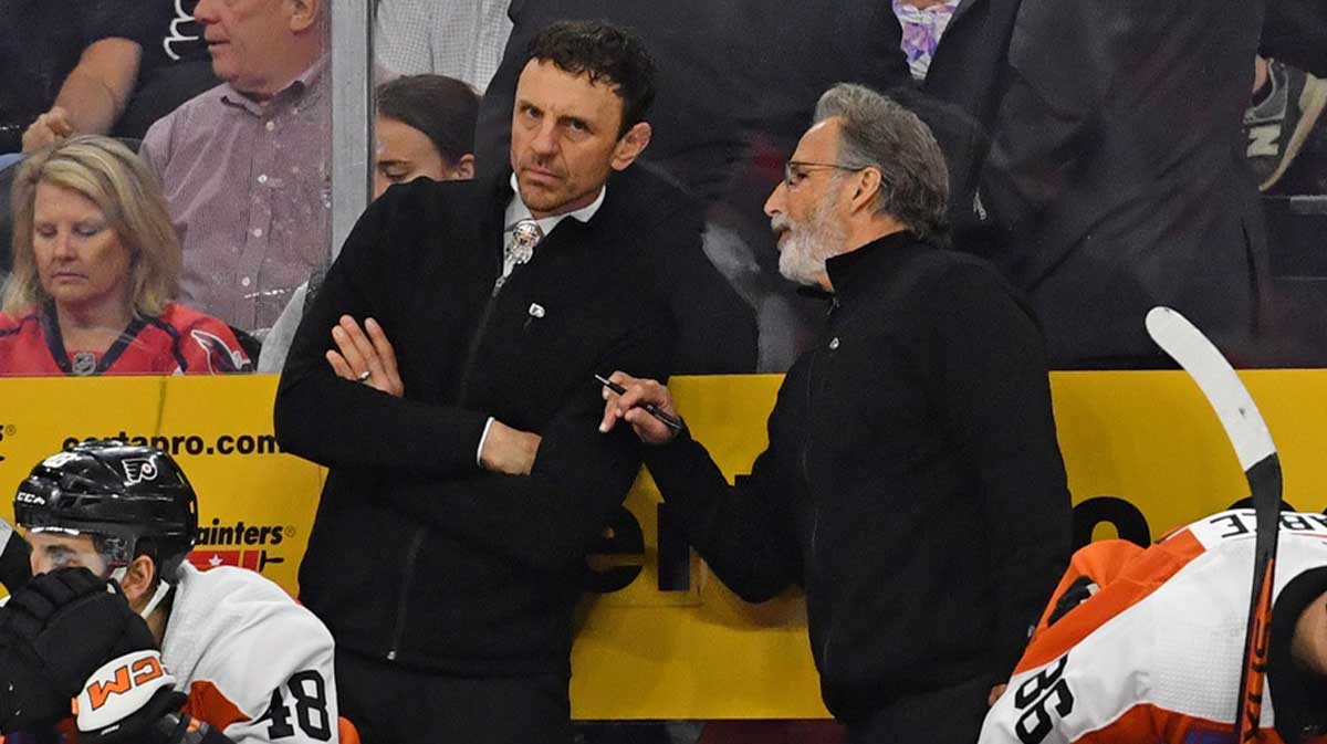 Philadelphia Flyers assistant coach Rocky Thompson and head coach John Tortorella against the Washington Capitals at Wells Fargo Center.