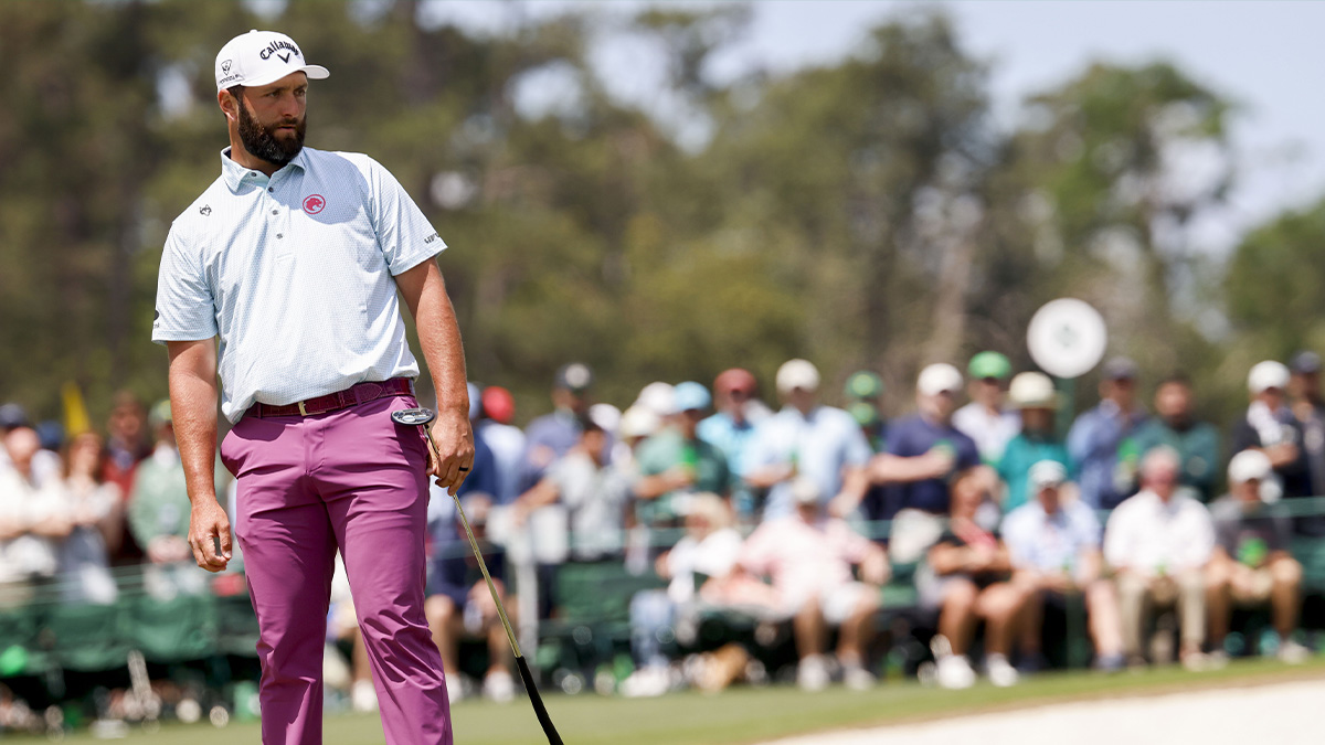 Jon Rahm looks over the no. 17 green during the third round of the Masters Tournament at Augusta National Golf Club
