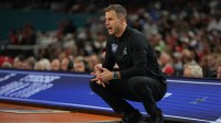Duke Blue Devils head coach Jon Scheyer looks on during the second half in the semifinals of the men's Final Four of the 2025 NCAA Tournament at the Alamodome.
