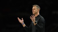 Duke Blue Devils head coach Jon Scheyer reacts after a play against the Houston Cougars during the second half in the semifinals of the men's Final Four of the 2025 NCAA Tournament at the Alamodome.
