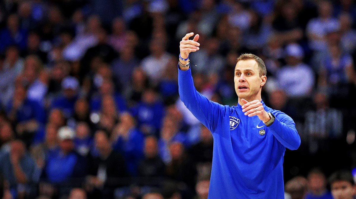 Duke Blue Devils head coach Jon Scheyer calls to his team during the first half against the Alabama Crimson Tide in the East Regional final of the 2025 NCAA tournament at Prudential Center.