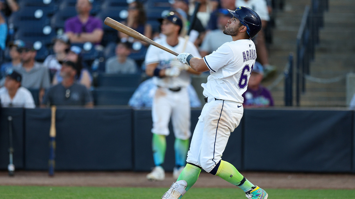 ampa Bay Rays first baseman Jonathan Aranda (62) hits a two run walk off home run against the New York Yankees in the tenth inning at George M. Steinbrenner Field.