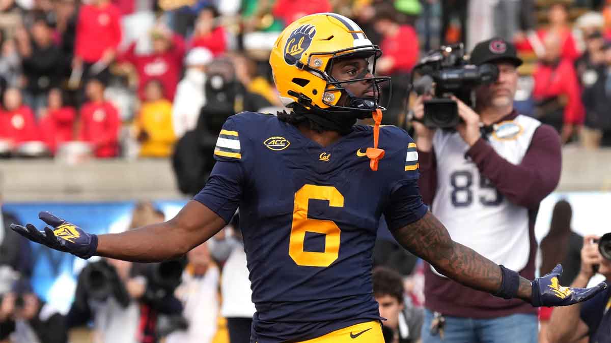 California Golden Bears wide receiver Jonathan Brady (6) gestures after catching a touchdown pass against the Stanford Cardinal during the fourth quarter at California Memorial Stadium.