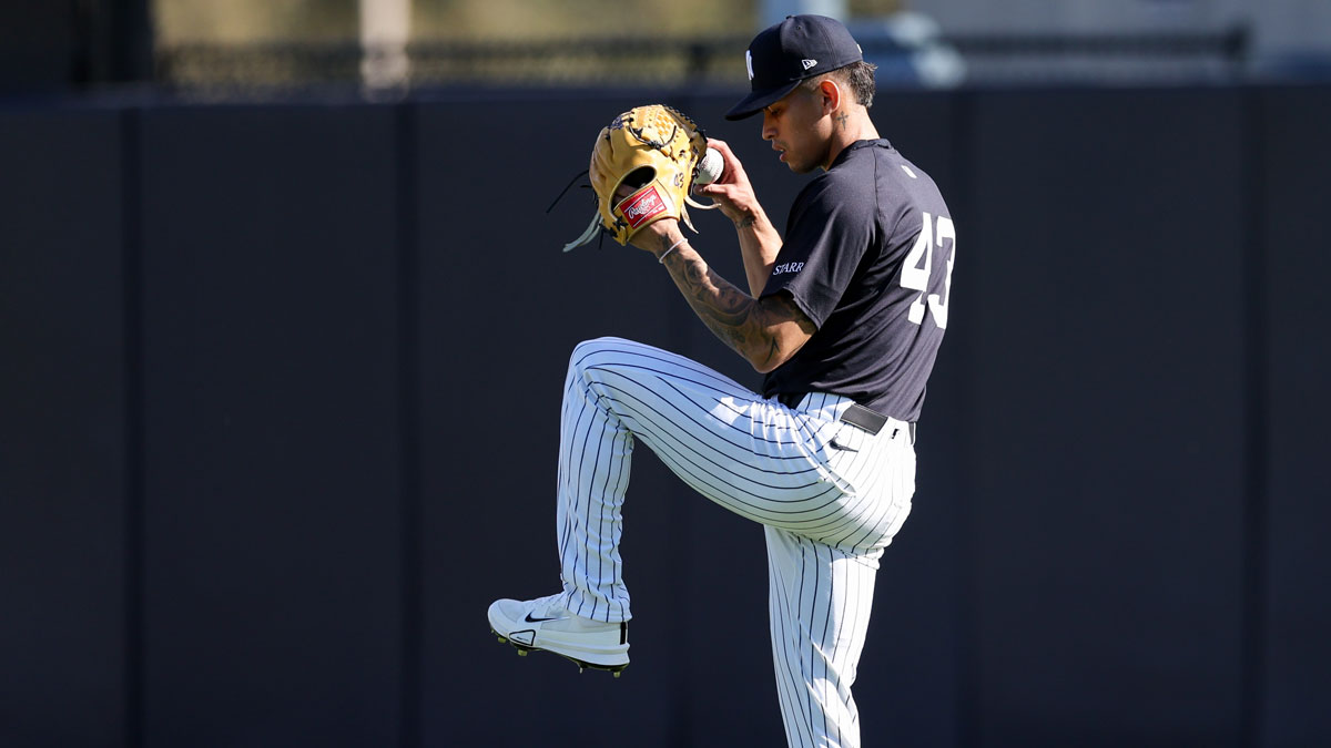 New York Yankees relief pitcher Jonathan Loaisiga (43) participates in spring training workouts at George M. Steinbrenner Field.