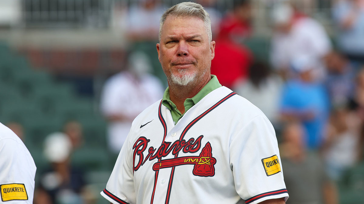 Former Atlanta Braves third baseman Chipper Jones (10) on the field before a game against the Cincinnati Reds at Truist Park