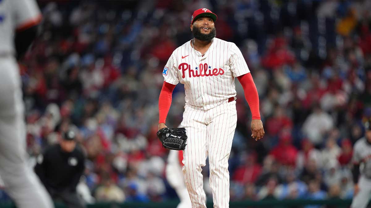 Philadelphia Phillies relief pitcher Jose Alvarado (46) reacts after recording a strikeout against the San Francisco Giants in the eighth inning at Citizens Bank Park. All players wore #42 for Jackie Robinson Day.